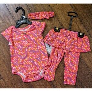 Baby Girl 3-6 Months Pink Smiley 3 Piece Outfit Shirt Pants skirt HeadBand Delia